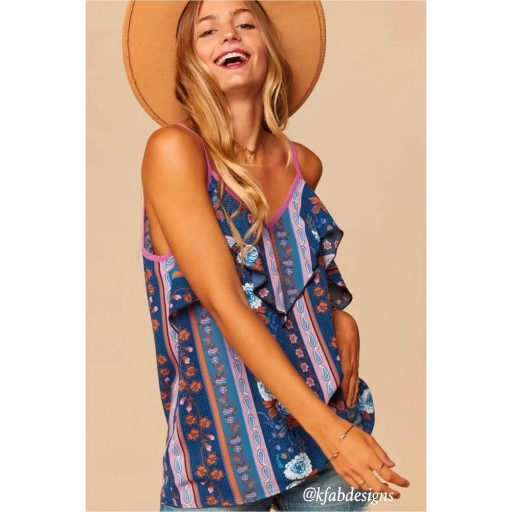 LAST 1! Plus Size Boho Tribal Print Blue/Lilac V Neck Ruffle Detail Top! - Picture 5 of 6